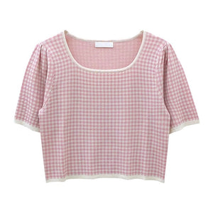 [Korean Style] Holdan Square Neck Houndstooth pattern Knit Top