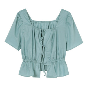 [Korean Style] Square Neck Drawstring Ruffle Blouse