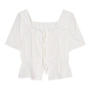 [Korean Style] Square Neck Drawstring Ruffle Blouse