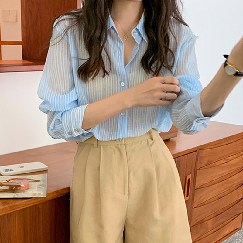 [Korean Style] Striped Lapel Loose Fit See-through Blouse