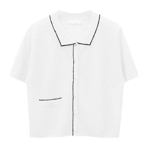 [Korean Style] Collared Contrast Pipping Summer Knit Top Cardigan