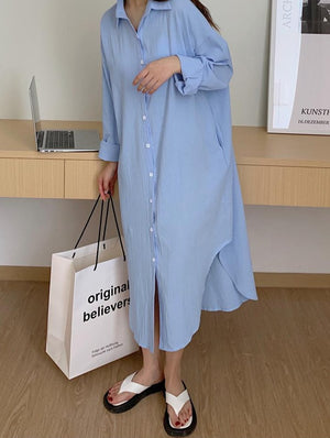 [Korean Style] 5 Colors Oversized Textured Maxi Cotton Shirtdress