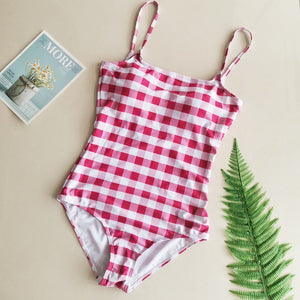 [Korean Style] Backless Gingham Pattern Plaid One Piece Swimsuit