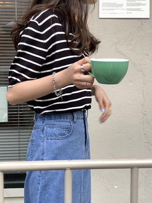 [Korean Style] 2 Color Classic Stripe Polo Knit Shirt Top