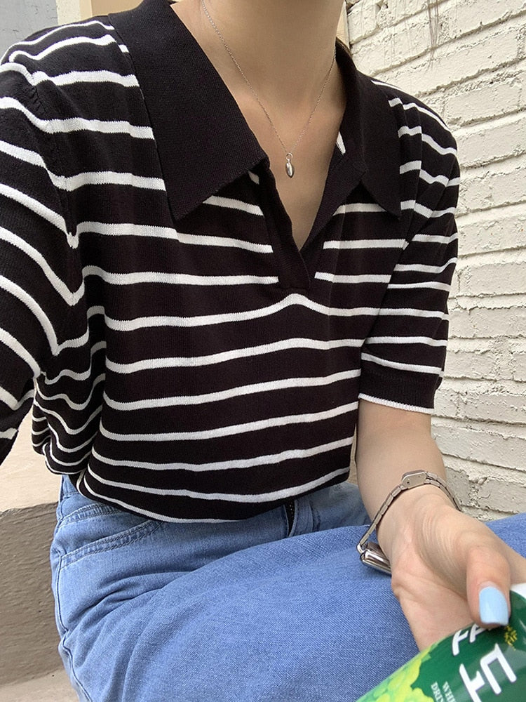 [Korean Style] 2 Color Classic Stripe Polo Knit Shirt Top
