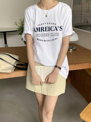 [Korean Style] White Grey Graphic Print Cotton T-shirt