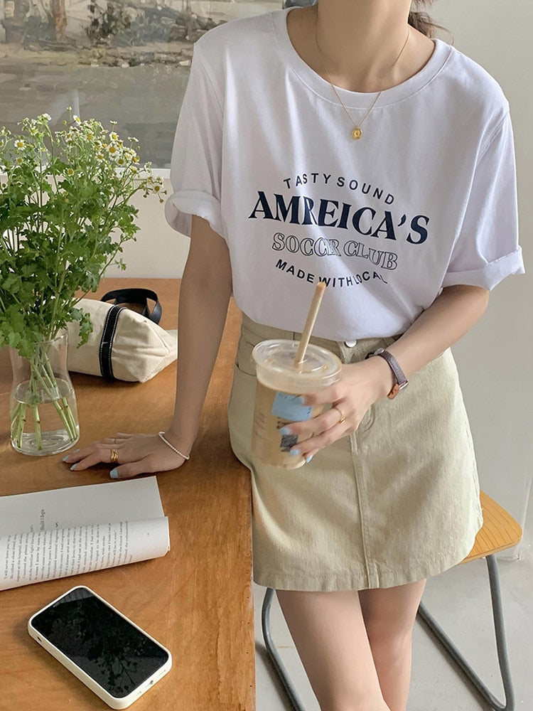 [Korean Style] White Grey Graphic Print Cotton T-shirt