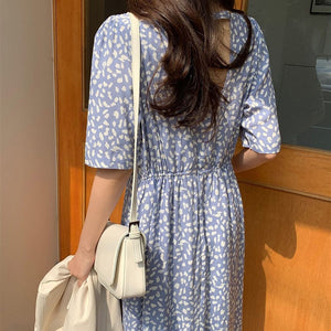 [Korean Style] Vintage Floral Print Backless Short Sleeve Chiffon Dress