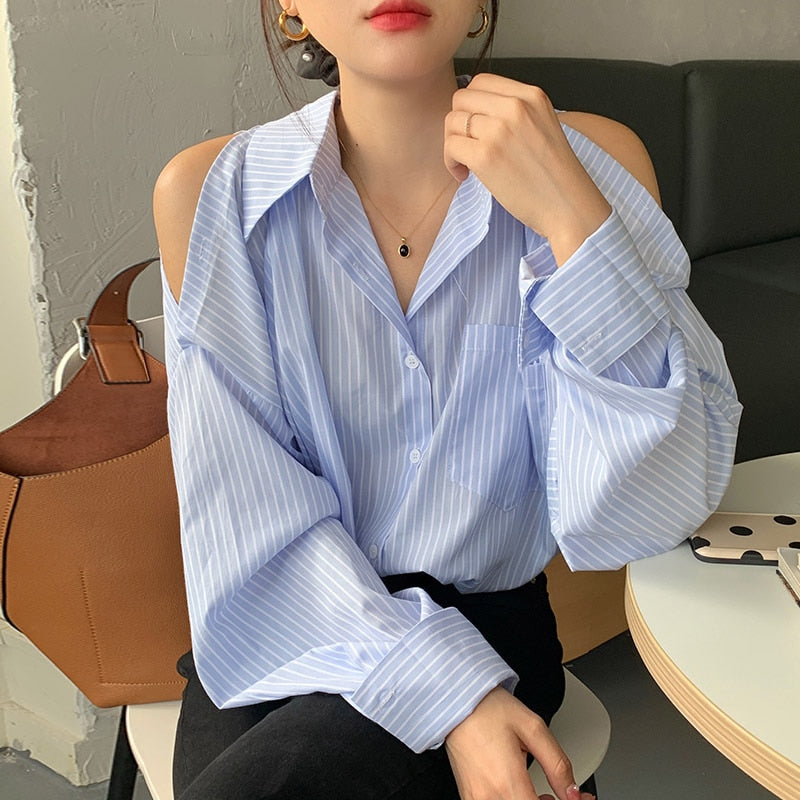 [Korean Style] Loose Fit Cut-off Shoulder Stripe Shirts