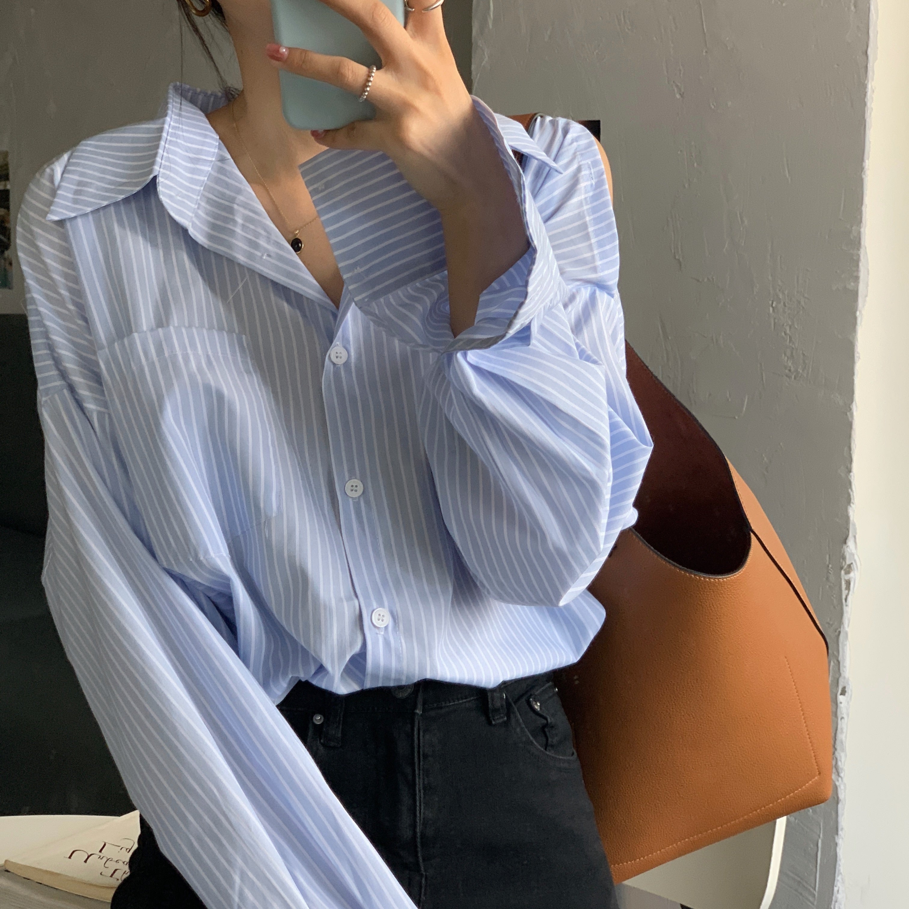 [Korean Style] Loose Fit Cut-off Shoulder Stripe Shirts