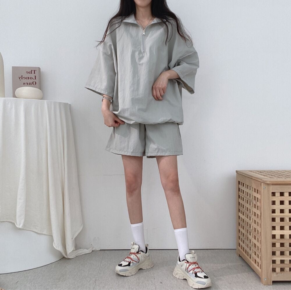 [Korean Style] Oversized Zip-up Windbreaker Jacket Drawstring Shorts 2 pc Set