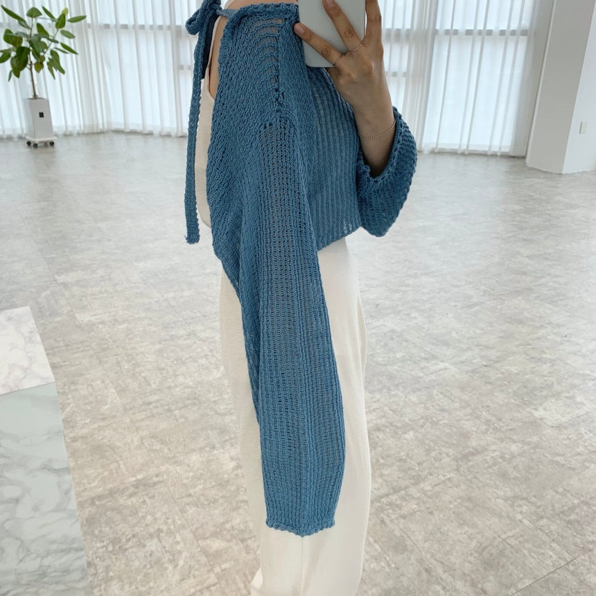 [Korean Style] Crochet Cardigan Cami Top Cinched Waist Slit Trouser 3 pc Set