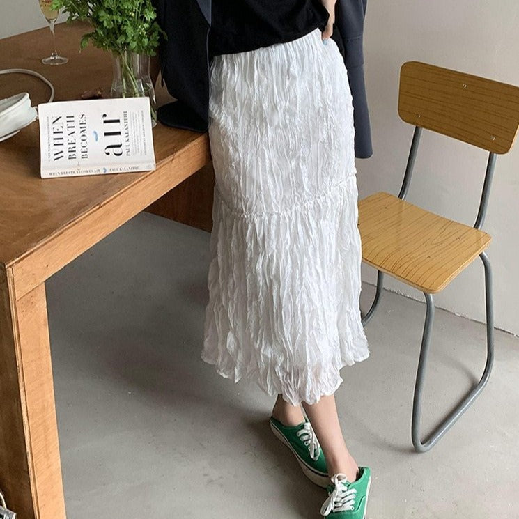 [Korean Style] Black White Wrinkle Tiered Long Skirt