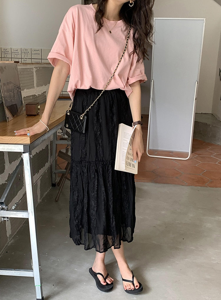 [Korean Style] Black White Wrinkle Tiered Long Skirt