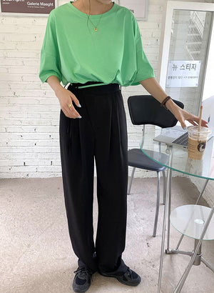 [Korean Style] Black Drawstring Pleated Full Length Dress-up Trousers