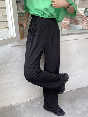 [Korean Style] Black Drawstring Pleated Full Length Dress-up Trousers
