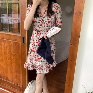 [Korean Style] V-neck Floral Print Ruffle Mini Dress