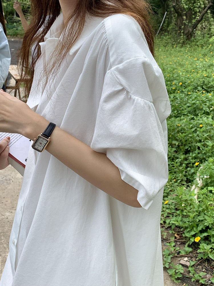 [Korean Style] Minimal White Shirtdress w/ Shoulder Details
