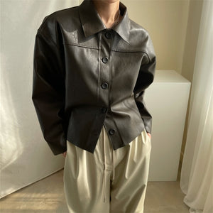 [Korean Style] Vintage Style Button-up Faux LeatherJacket w/ Dropped Shoulders