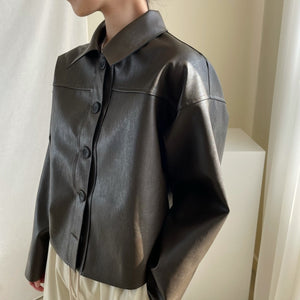 [Korean Style] Vintage Style Button-up Faux LeatherJacket w/ Dropped Shoulders