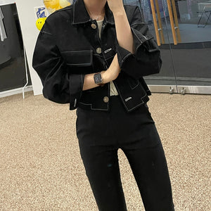 [Korean Style] Black White Cropped Pocket Jacket