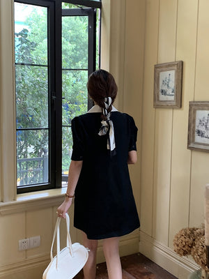 [Korean Style] Contrast Collared Mini Shirt Dress w/ Puff Sleeves