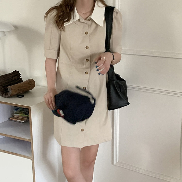 [Korean Style] Contrast Collared Mini Shirt Dress w/ Puff Sleeves