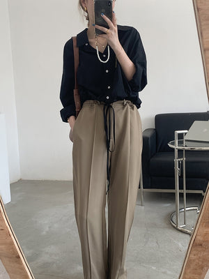[Korean Style] Drawstring Cinched Waist Pleated Wide Leg Trousers