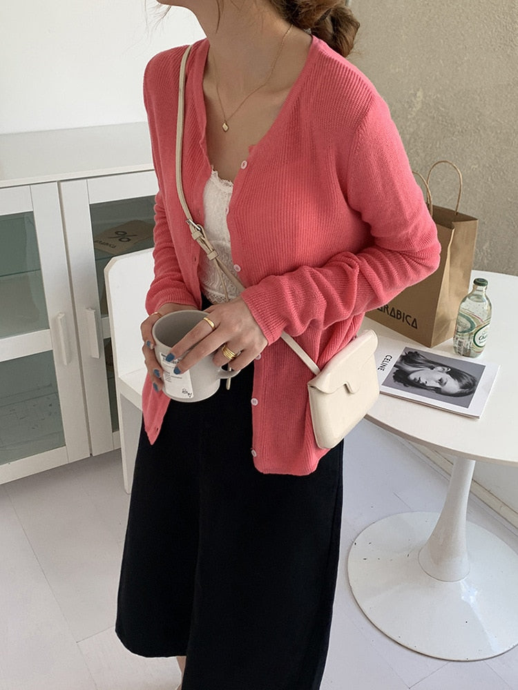 [Korean Style] Balian Round Neck Light Weight Cardigan Knit Top