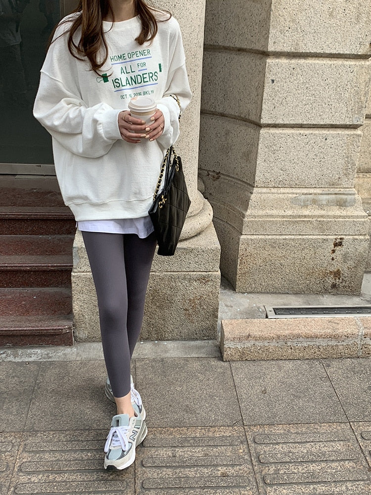 [Korean Style] Black Gray Stretchy Tummy Control Ankle Length Leggings