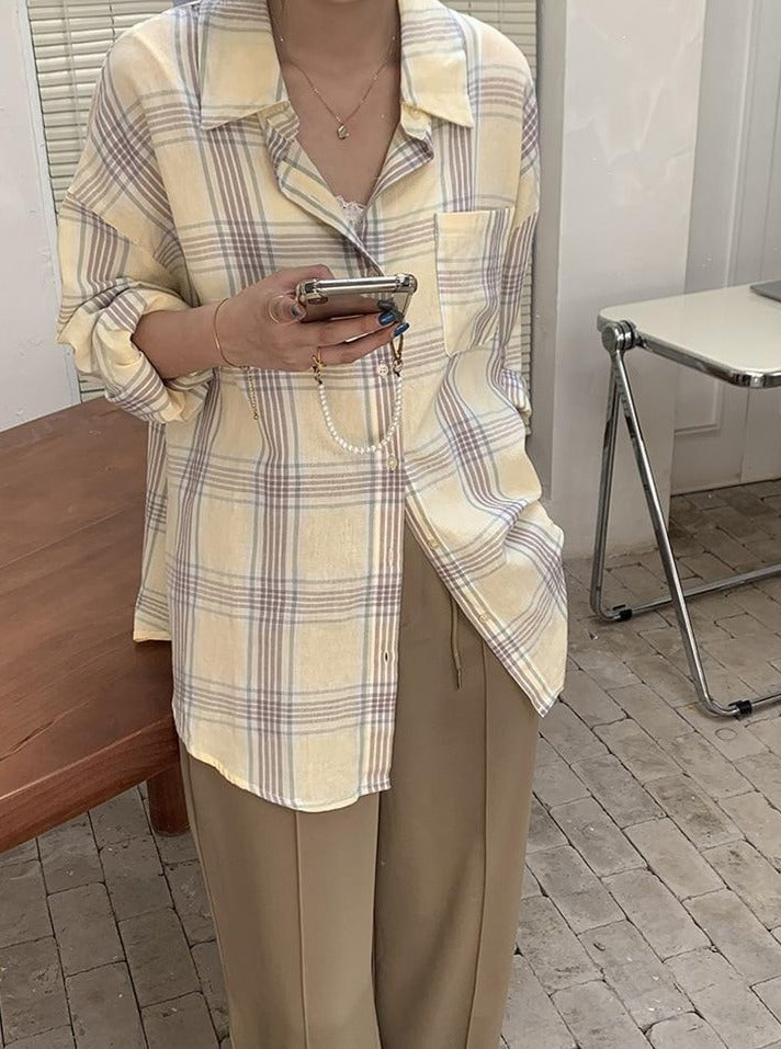 [Korean Style] Aery Loose Fit Dropped Shoulder Plaid Shirt
