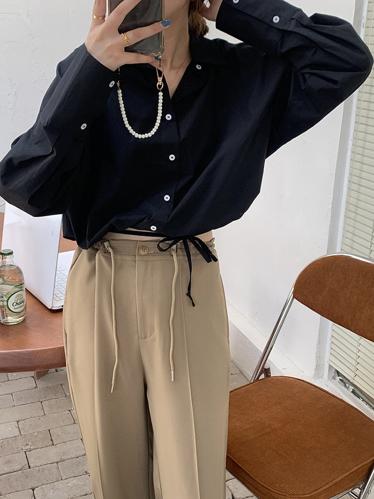 [Korean Style] Solid Color Drawstring Cropped Button-down Shirt