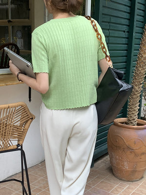 [Korean Style] lettuce Edge Solid Color Cropped Knit Top