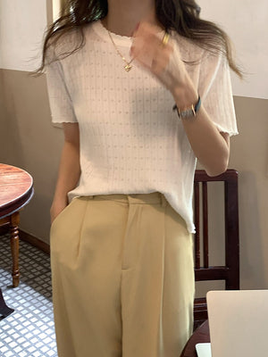 [Korean Style] lettuce Edge Solid Color Cropped Knit Top