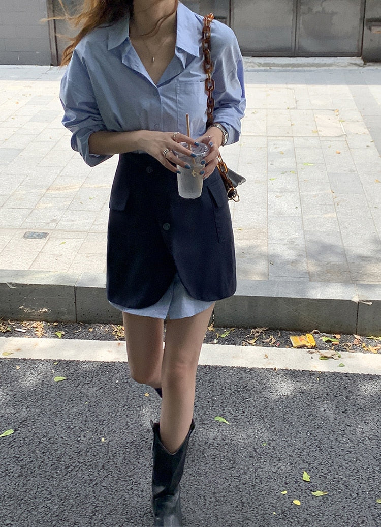 [Korean Style] Solid Color Long Shirt w/ Wrap-around Mini Skirt 2 pc Set