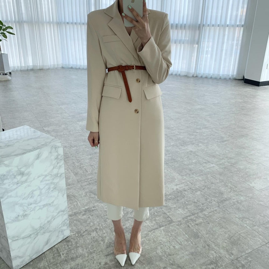 [Korean Style] Solid Color Long Sleeve Single Breasted Long Blazer