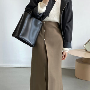 [Korean Style] 3 Colors Minimalistic 3 Buttons Front Slit Long skirt