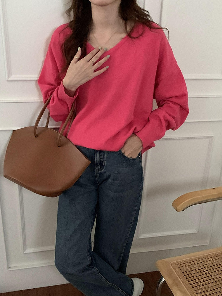 [Korean Style] Loose Fit Solid Color V-Neck Pullover Sweater