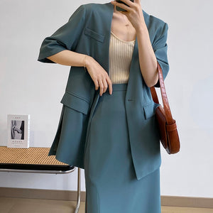 [Korean Style] Collarless Single Button Short Sleeve Blazer Front Slit Skirt