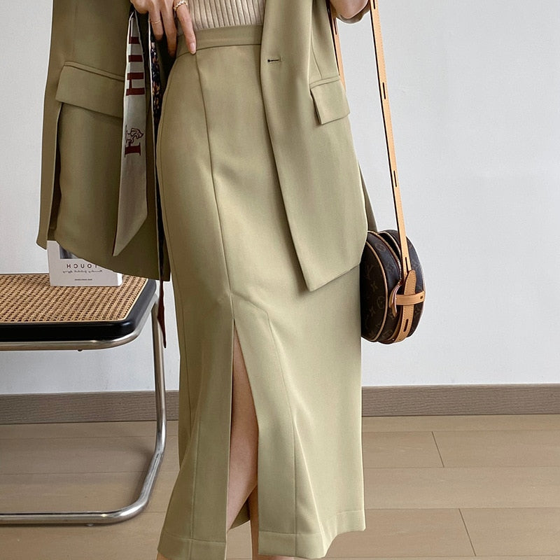 [Korean Style] Collarless Single Button Short Sleeve Blazer Front Slit Skirt