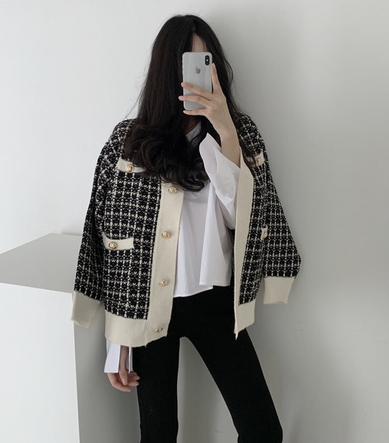 [Korean Style] Contrast Color Plaid Check Cardigan Sweater