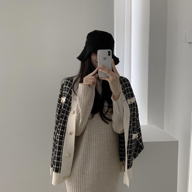 [Korean Style] Contrast Color Plaid Check Cardigan Sweater