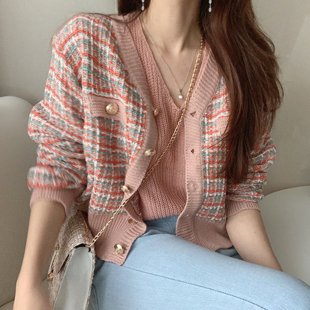 [Korean Style] Multi-color Plaid Tweed Effect Knitted Cardigan