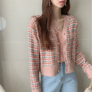 [Korean Style] Multi-color Plaid Tweed Effect Knitted Cardigan
