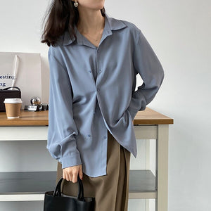 [Korean Style] Loose Fit Solid Color Double Breasted Dense Long Sleeve Blouse