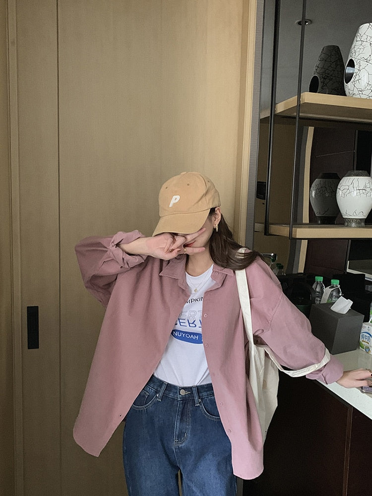 [Korean style] Oversized Corduroy Shirt Jacket w/ Back Label Patch