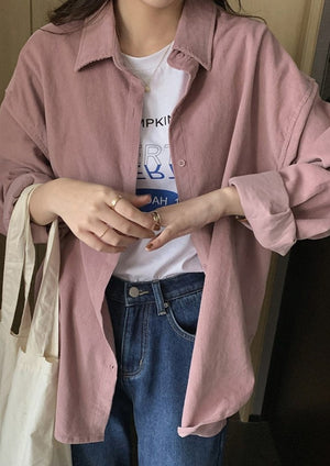 [Korean style] Oversized Corduroy Shirt Jacket w/ Back Label Patch