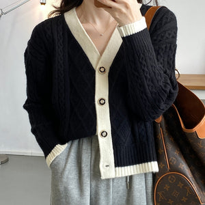 [Korean Style] Contrast Color Cable Knit Chunky Sweater Cardigan