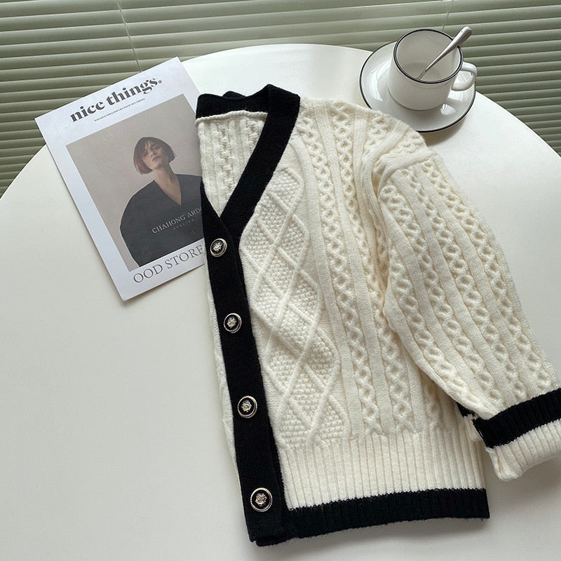[Korean Style] Contrast Color Cable Knit Chunky Sweater Cardigan