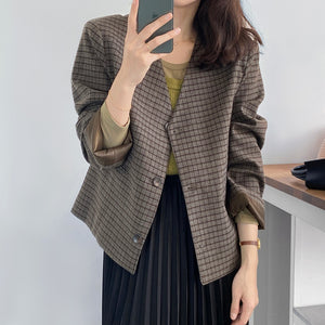 [Korean Style] High Quality Single Breasted Cropped Collarless Plaid Blazer
